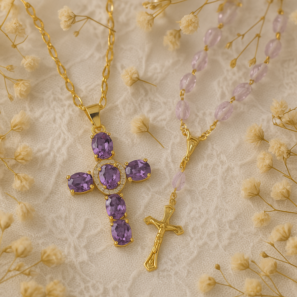 Collier Croix Femme Or Bijoux Chrétiens Cadeau pour Baptême Joyaux De Grâce Violet