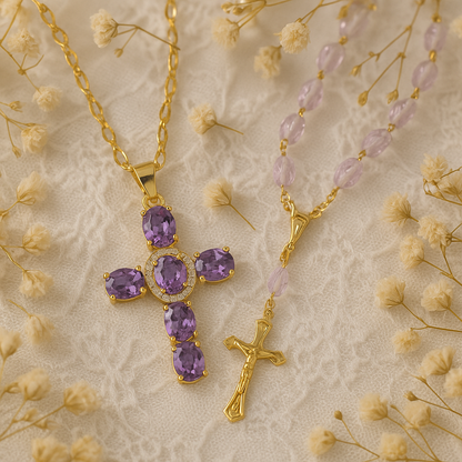 Collier Croix Femme Or Bijoux Chrétiens Cadeau pour Baptême Joyaux De Grâce Violet