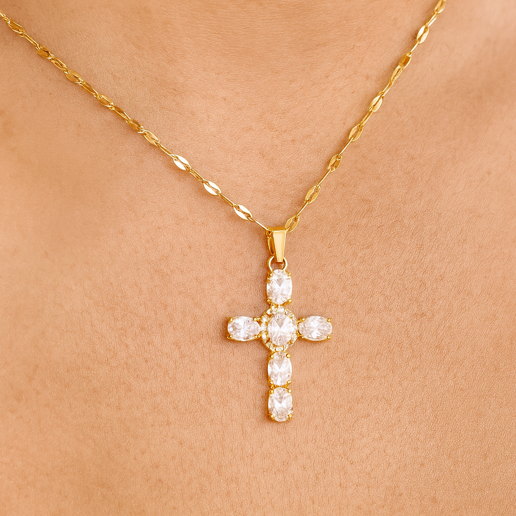 Collier Croix Femme Or Bijoux Chrétiens Cadeau pour Baptême Joyaux De Grâce Blanc