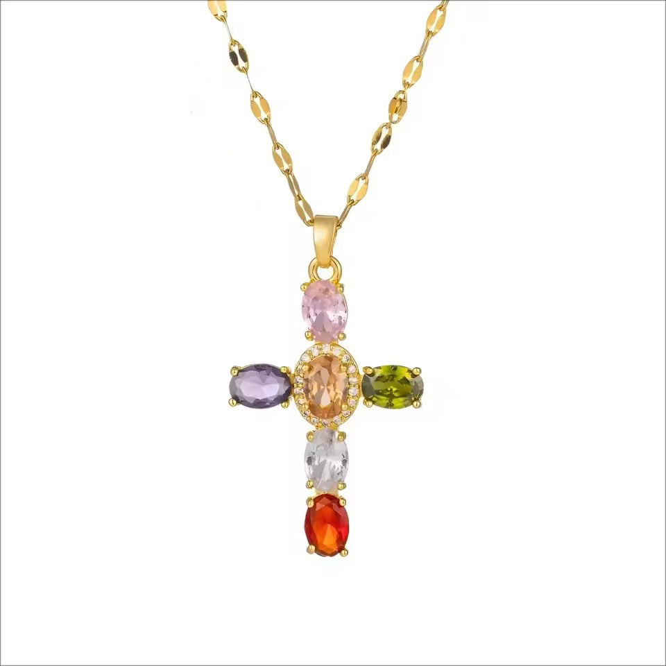 Collier Croix Femme Or Bijoux Chrétiens Cadeau pour Baptême Joyaux De Grâce Multicolore
