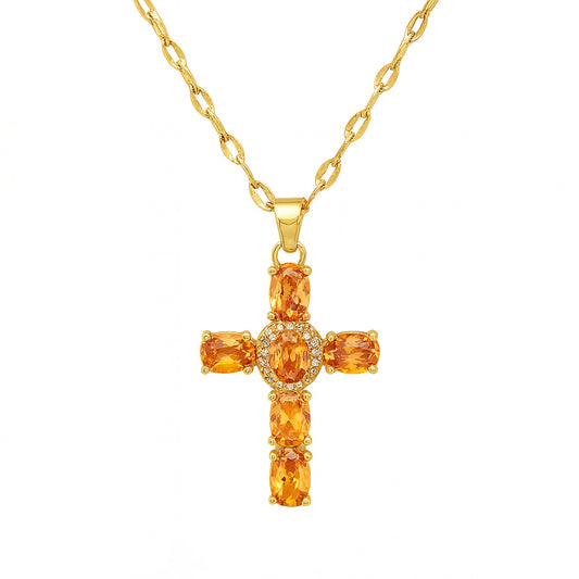 Collier Croix Femme Or Bijoux Chrétiens Cadeau pour Baptême Joyaux De Grâce Orange