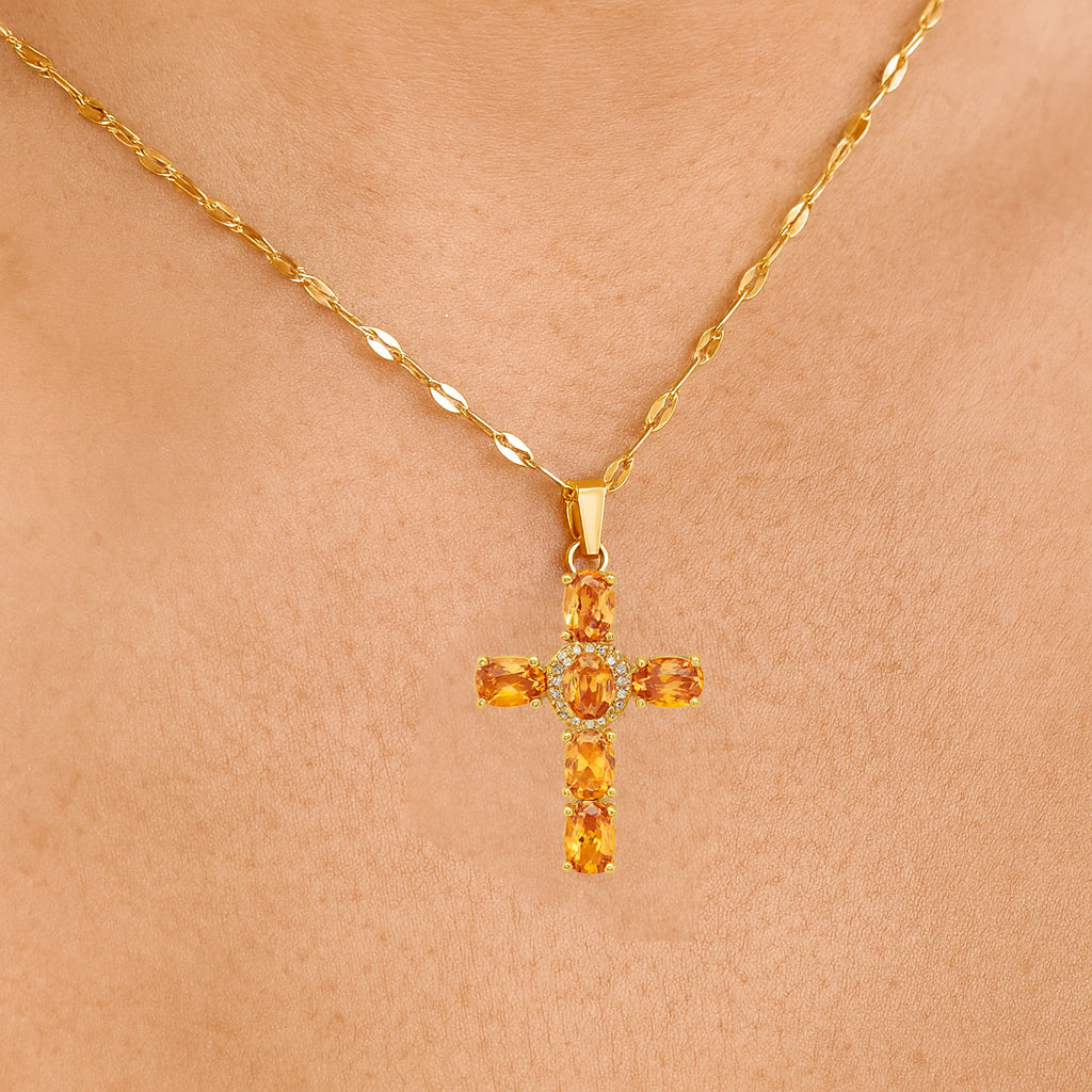 Collier Croix Femme Or Bijoux Chrétiens Cadeau pour Baptême Joyaux De Grâce Orange