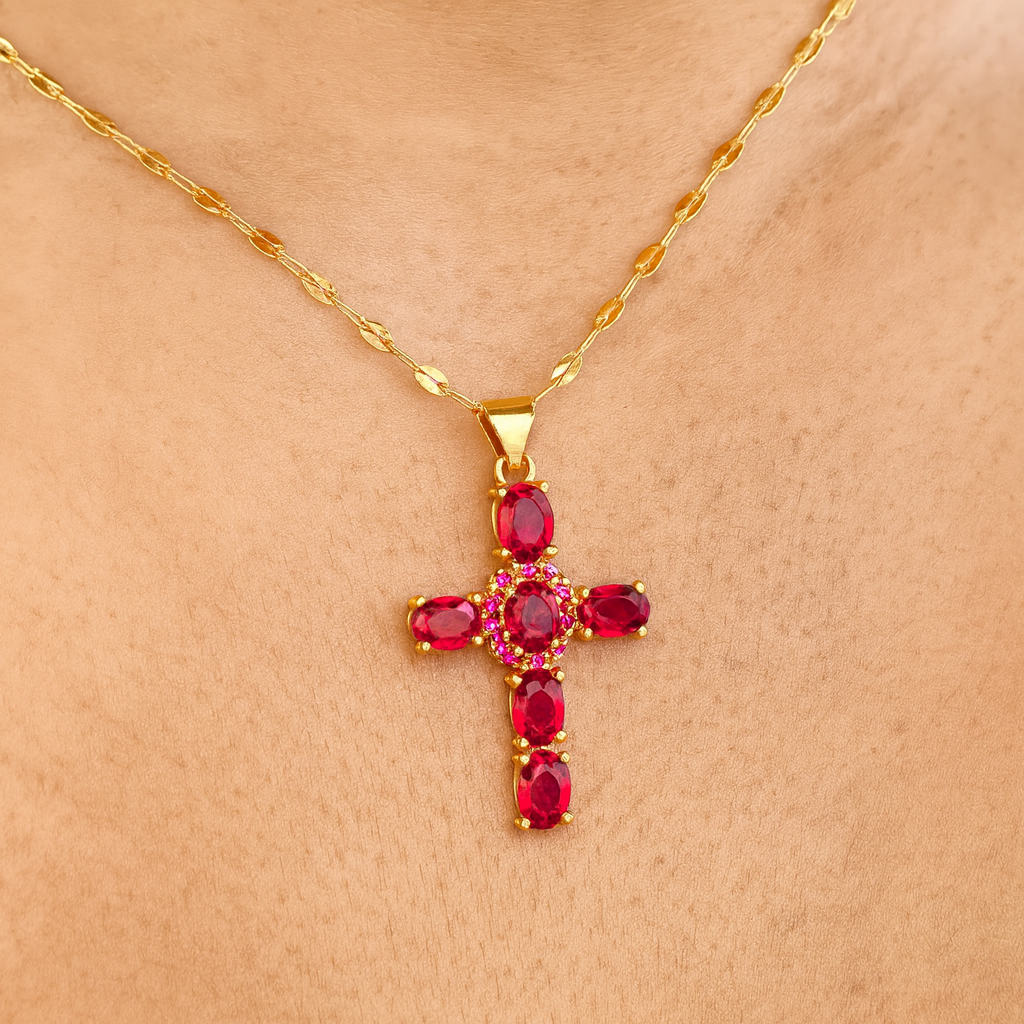 Collier Croix Femme Or Bijoux Chrétiens Cadeau pour Baptême Joyaux De Grâce Rouge