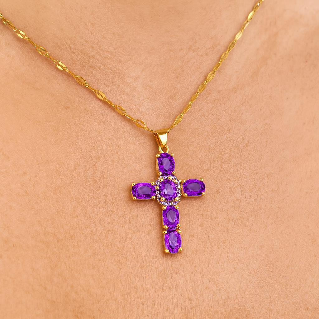 Collier Croix Femme Or Bijoux Chrétiens Cadeau pour Baptême Joyaux De Grâce Violet
