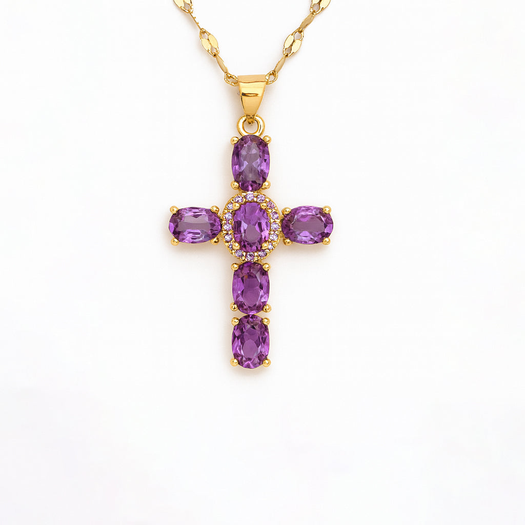 Collier Croix Femme Or Bijoux Chrétiens Cadeau pour Baptême Joyaux De Grâce Violet