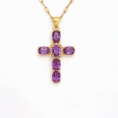 Collier Croix Femme Or Bijoux Chrétiens Cadeau pour Baptême Joyaux De Grâce Violet