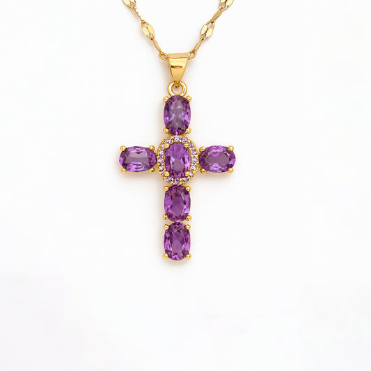 Collier Croix Femme Or Bijoux Chrétiens Cadeau pour Baptême Joyaux De Grâce Violet