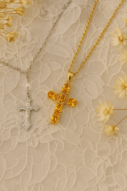 Collier Croix Femme Or Bijoux Chrétiens Cadeau pour Baptême Joyaux De Grâce Orange