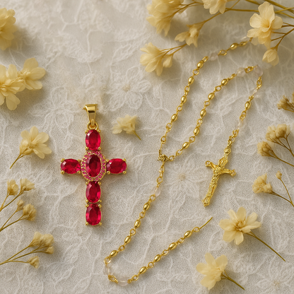 Joyaux de Grâce -Collier Croix Doré & Pierre Rouge