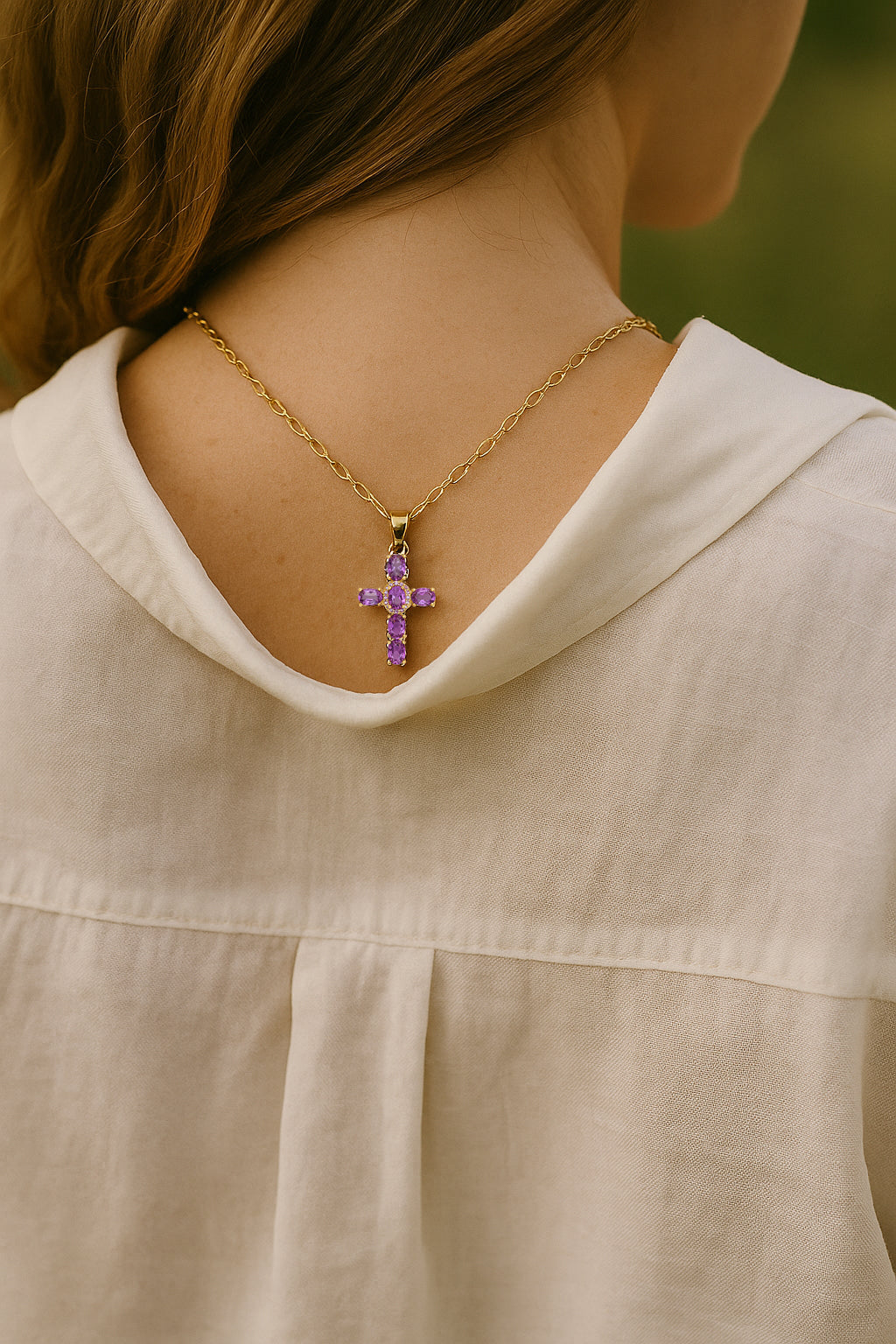 Collier Croix Femme Or Bijoux Chrétiens Cadeau pour Baptême Joyaux De Grâce Violet